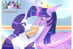 Size: 1280x865 | Tagged: safe, artist:fourteennails, imported from derpibooru, rarity, twilight sparkle, alicorn, pony, unicorn, my little pony: the movie, crown, deviantart watermark, female, height difference, hoof on chin, jewelry, looking at each other, looking at someone, mare, obtrusive watermark, open mouth, open smile, redraw, regalia, scene interpretation, screencap reference, smiling, twilight sparkle (alicorn), watermark