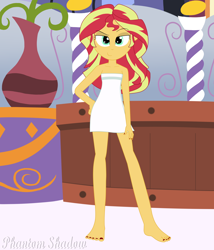 Size: 2000x2340 | Tagged: safe, artist:phantomshadow051, imported from derpibooru, sunset shimmer, human, equestria girls, barefoot, eyebrows, feet, female, high res, raised eyebrow, requested art, smiling, smirk, solo, spa, towel, watermark