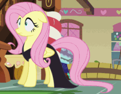 Size: 416x323 | Tagged: safe, imported from derpibooru, screencap, fluttershy, pegasus, pony, scare master, season 5, animated, clothes, costume, cropped, cute, duo, female, floppy ears, gif, implied pinkie pie, mare, nightmare night, nightmare night costume, shyabetes, sugarcube corner