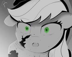 Size: 1380x1080 | Tagged: safe, artist:reinbou, imported from derpibooru, applejack, earth pony, pony, blood, light, manga style, monochrome, scared, simple background, solo