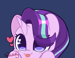 Size: 2048x1569 | Tagged: safe, artist:sakukitty, imported from derpibooru, starlight glimmer, pony, unicorn, :p, blue background, blush sticker, blushing, cute, eye clipping through hair, female, glimmerbetes, heart, heart eyes, looking at you, mare, mlem, signature, silly, simple background, solo, tongue out, wingding eyes