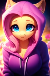 Size: 2048x3072 | Tagged: safe, imported from derpibooru, fluttershy, anthro, ai content, ai generated, breasts, clothes, colored ear fluff, ear fluff, eyebrows, eyelashes, female, flower, generator:purplesmart.ai, generator:stable diffusion, hoodie, looking at you, mare, prompter:nightluna, smiling, solo, watermark