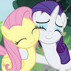 Size: 1400x1399 | Tagged: safe, imported from derpibooru, screencap, fluttershy, rarity, pegasus, pony, unicorn, fake it 'til you make it, season 8, spoiler:s08, ^^, cheek nuzzle, cheek squish, cheek to cheek, cropped, cute, daaaaaaaaaaaw, duo, duo female, eyes closed, female, happy, high res, hnnng, hug, mare, nuzzling, raribetes, shyabetes, side hug, smiling, squishy cheeks, tree