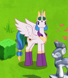 Size: 367x420 | Tagged: safe, idw, imported from derpibooru, screencap, princess celestia, alicorn, pony, reflections, evil celestia, evil counterpart, gameloft, looking at you, mirror universe, my little pony: magic princess, statue