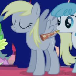 Size: 338x338 | Tagged: safe, imported from derpibooru, screencap, derpy hooves, pegasus, pony, friendship is magic, background character, background pony, cropped, eyes closed, female, mare, party horn, solo focus, spread wings, wings