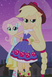 Size: 420x620 | Tagged: safe, imported from derpibooru, screencap, applejack, fluttershy, human, equestria girls, equestria girls (movie), bare shoulders, duo, duo female, fall formal outfits, female, sleeveless, strapless