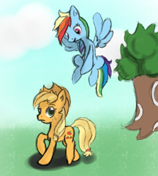 Size: 1436x1597 | Tagged: safe, artist:phillnana, imported from derpibooru, applejack, rainbow dash, earth pony, pegasus, pony, duo, flying, grass, sketch, spread wings, tree, wings