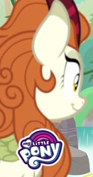 Size: 376x720 | Tagged: safe, imported from derpibooru, screencap, autumn blaze, kirin, sounds of silence, cropped, female, g4, my little pony logo, smiling, solo, water, waterfall