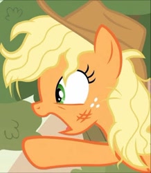 Size: 362x415 | Tagged: safe, imported from derpibooru, screencap, applejack, earth pony, pony, sounds of silence, cropped, hat, messy mane, solo