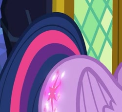 Size: 451x415 | Tagged: safe, imported from derpibooru, screencap, twilight sparkle, alicorn, the hooffields and mccolts, cropped, cutie mark, glowing cutie mark, solo, twilight sparkle (alicorn), twilight's castle, window