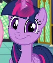 Size: 348x415 | Tagged: safe, imported from derpibooru, screencap, twilight sparkle, alicorn, pony, the hooffields and mccolts, cropped, looking at you, magic, smiling, solo, twilight sparkle (alicorn), twilight's castle