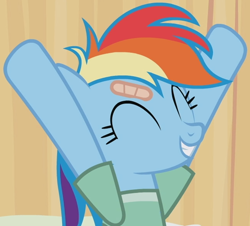 Size: 648x587 | Tagged: safe, imported from derpibooru, screencap, rainbow dash, pegasus, pony, read it and weep, cropped, happy, hospital, hospital gown, solo, stretching