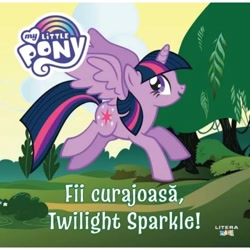 Size: 800x800 | Tagged: safe, imported from derpibooru, twilight sparkle, alicorn, forest background, my little pony logo, solo, text, twilight sparkle (alicorn)