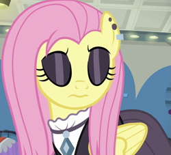 Size: 793x720 | Tagged: safe, imported from derpibooru, screencap, fluttershy, fake it 'til you make it, season 8, spoiler:s08, cropped, ear piercing, earring, eyes closed, eyeshadow, female, fluttergoth, frown, jewelry, makeup, mare, piercing