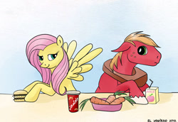 Size: 640x441 | Tagged: safe, artist:el-yeguero, imported from derpibooru, big macintosh, fluttershy, earth pony, pegasus, pony, big mac (burger), burger, carrot, duo, female, fluttermac, food, hamburger, juice, juice box, looking back, looking back at each other, male, mare, mcdonald's, shipping, signature, spread wings, stallion, straight, wings