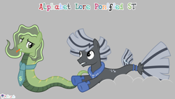 Size: 7111x4000 | Tagged: safe, artist:melisareb, imported from derpibooru, part of a set, inkanyamba, original species, pony, seapony (g4), snake, snake pony, .svg available, 16:9, absurd resolution, alphabet lore, fish tail, forked tongue, gray background, male, necktie, ponified, s, seaponified, simple background, snake tail, species swap, stallion, t, tail, teeth, tongue out, vector