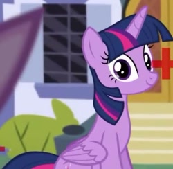 Size: 561x547 | Tagged: safe, imported from derpibooru, screencap, twilight sparkle, alicorn, pony, amending fences, season 5, cropped, folded wings, looking at you, sitting, solo, twilight sparkle (alicorn), wings