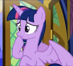 Size: 584x525 | Tagged: safe, imported from derpibooru, screencap, twilight sparkle, alicorn, pony, the beginning of the end, cropped, female, hoof over mouth, scared, solo, twilight sparkle (alicorn), twilight's castle, worried