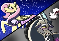 Size: 977x675 | Tagged: safe, artist:sugarkittycat04, imported from derpibooru, discord, fluttershy, draconequus, pegasus, pony, clothes, discoshy, dress, duo, female, horns, male, mare, night, sad, shipping, stars, straight, wings