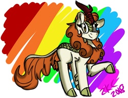 Size: 907x698 | Tagged: safe, artist:sugarkittycat04, imported from derpibooru, autumn blaze, kirin, cloven hooves, female, looking at you, mare, rainbow, raised hoof, simple background, solo, white background