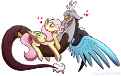 Size: 3313x2099 | Tagged: safe, artist:sugarkittycat04, imported from derpibooru, discord, fluttershy, draconequus, pegasus, pony, blushing, discoshy, duo, facial hair, female, floppy ears, goatee, heart, high res, horns, interspecies, looking at each other, looking at someone, male, redraw, shipping, simple background, straight, transparent background, wings
