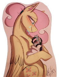 Size: 2778x3603 | Tagged: safe, artist:sugarkittycat04, imported from derpibooru, fluttershy, oc, oc:shadow dusk, hybrid, crying, duo, female, hug, interspecies offspring, looking at someone, male, mare, mother and child, mother and son, offspring, parent:discord, parent:fluttershy, parents:discoshy, ponytail, simple background, traditional art, transparent background, young