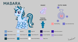 Size: 2000x1080 | Tagged: safe, artist:thunderdasher07, imported from derpibooru, oc, oc only, oc:masara, hybrid, unicorn, zebra, zebracorn, zony, color palette, female, gray background, magic, magic aura, mare, reference sheet, simple background, solo, zony oc