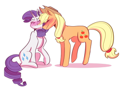 Size: 2778x2000 | Tagged: safe, artist:sugarkittycat04, imported from derpibooru, applejack, rarity, earth pony, pony, unicorn, applejack's hat, blushing, cowboy hat, duo, duo female, eyes closed, female, hat, high res, lesbian, mare, rarijack, shipping, simple background, sitting, transparent background