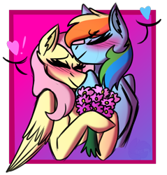 Size: 1912x2000 | Tagged: safe, artist:sugarkittycat04, imported from derpibooru, fluttershy, rainbow dash, pegasus, pony, blushing, bouquet, bouquet of flowers, duo, duo female, eyes closed, female, flower, flutterdash, gradient background, heart, lesbian, mare, shipping, simple background, transparent background, wings