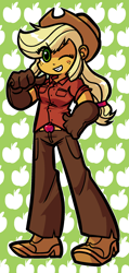 Size: 1136x2380 | Tagged: safe, artist:jilloff, imported from derpibooru, applejack, human, equestria girls, abstract background, applejack's hat, clothes, cowboy hat, cute, female, freckles, gloves, grin, hat, jackabetes, looking at you, one eye closed, pants, shirt, shoes, smiling, solo, wink, winking at you