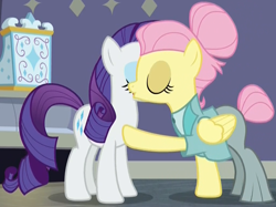 Size: 1022x766 | Tagged: safe, imported from derpibooru, screencap, fluttershy, rarity, pegasus, pony, unicorn, fake it 'til you make it, season 8, spoiler:s08, air kiss, alternate hairstyle, cheek kiss, clothes, cropped, duo, eyes closed, female, hair bun, kissing, la bise, mare, platonic kiss, raised hoof, rarity for you, severeshy