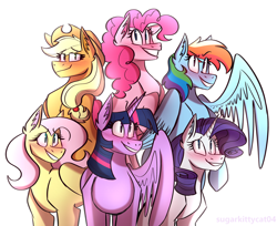 Size: 2452x2000 | Tagged: safe, artist:sugarkittycat04, imported from derpibooru, applejack, fluttershy, pinkie pie, rainbow dash, rarity, twilight sparkle, alicorn, earth pony, pegasus, pony, unicorn, applejack's hat, blushing, cowboy hat, female, hat, high res, looking at someone, looking at you, mane six, mare, simple background, smiling, twilight sparkle (alicorn), white background, wings