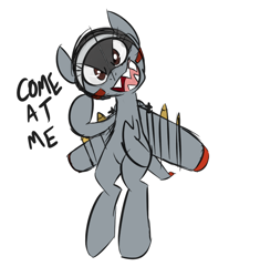 Size: 700x744 | Tagged: artist needed, safe, imported from derpibooru, oc, oc only, oc:blitz, original species, plane pony, pony, a-10 thunderbolt ii, bomb, brown eyes, colored, come at me bro, digital art, flying, gray coat, looking at you, missile, open mouth, plane, sharp teeth, simple background, smiling, solo, spread wings, teeth, weapon, white background, wings