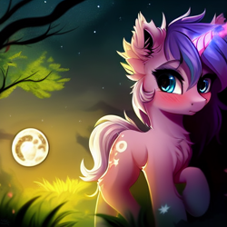 Size: 512x512 | Tagged: safe, derpibooru exclusive, imported from derpibooru, pony, unicorn, ai content, ai generated, blushing, chest fluff, ear fluff, forest, forest background, generator:stable diffusion, horn, moon, night, prompter:sweetai belle, solo