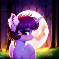 Size: 512x512 | Tagged: safe, imported from derpibooru, alicorn, pony, ai content, ai generated, blushing, chest fluff, ear fluff, forest, forest background, generator:stable diffusion, horn, moon, night, prompter:sweetai belle, solo, wings