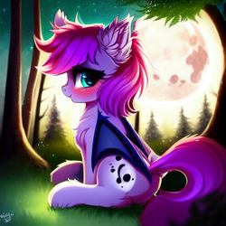 Size: 512x512 | Tagged: safe, imported from derpibooru, alicorn, bat pony, bat pony alicorn, pony, ai content, ai generated, bat wings, blushing, chest fluff, cute, ear fluff, forest, forest background, generator:stable diffusion, horn, moon, night, prompter:sweetai belle, solo, wings