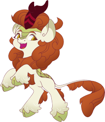 Size: 1502x1750 | Tagged: safe, artist:jennithedragon, derpibooru exclusive, imported from derpibooru, autumn blaze, kirin, :d, cloven hooves, colored pupils, eyebrows, g4, g4 to g5, g5, generation leap, hoof fluff, leaping, leonine tail, looking offscreen, open mouth, open smile, orange mane, scales, simple background, smiling, solo, tail, transparent background, yellow coat, yellow eyes