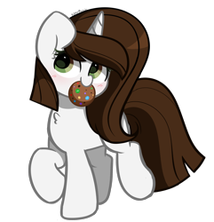 Size: 2412x2504 | Tagged: safe, artist:kittyrosie, imported from derpibooru, oc, pony, unicorn, clothes, cookie, food, horn, mouth hold, scarf, simple background, transparent background, unicorn oc