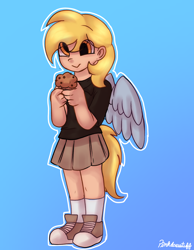 Size: 2048x2644 | Tagged: safe, artist:pinkdoesstuff, imported from derpibooru, derpy hooves, human, cute, derp, food, gijinka, humanized, muffin, photo, simple background, smiling, solo