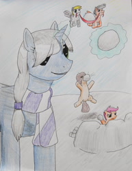 Size: 3100x4017 | Tagged: safe, artist:jimthecactus, imported from derpibooru, derpy hooves, scootaloo, oc, earth pony, pegasus, pony, unicorn, clothes, levitation, magic, scarf, snow, snowball, snowball fight, striped scarf, telekinesis, traditional art, winter