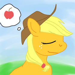 Size: 1024x1024 | Tagged: safe, artist:jimthecactus, imported from derpibooru, applejack, earth pony, pony, apple, bust, eyes closed, female, food, mare, smiling, solo, that pony sure does love apples, thought bubble
