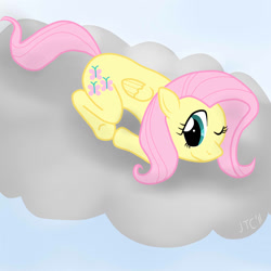 Size: 1024x1024 | Tagged: safe, artist:jimthecactus, imported from derpibooru, fluttershy, pegasus, pony, cloud, female, lying down, lying on a cloud, mare, on a cloud, one eye closed, prone, smiling, solo