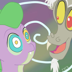 Size: 1024x1024 | Tagged: safe, artist:jimthecactus, imported from derpibooru, discord, spike, draconequus, dragon, 2011, abstract background, discorded, duo, hypno eyes, hypnosis, kaa eyes, male, signature, swirls, swirly eyes