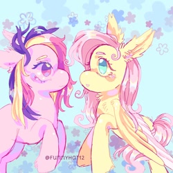 Size: 1000x1000 | Tagged: safe, artist:funnyhat12, imported from derpibooru, fluttershy, fluttershy (g3), pegasus, pony, duo, gradient background