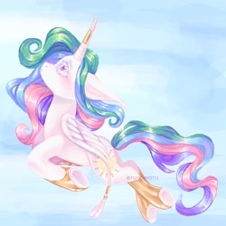 Size: 2000x2000 | Tagged: safe, artist:funnyhat12, imported from derpibooru, princess celestia, alicorn, pony, clothes, gradient background, horn, horn accessory, leg warmers, solo
