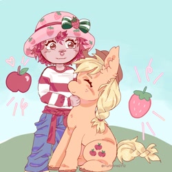 Size: 2000x2000 | Tagged: safe, artist:funnyhat12, imported from derpibooru, applejack, earth pony, human, pony, duo, gradient background, petting, strawberry shortcake (character)