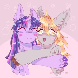 Size: 1000x1000 | Tagged: safe, artist:funnyhat12, imported from derpibooru, derpy hooves, twilight sparkle, alicorn, pegasus, pony, duo, ear fluff, eyes closed, gradient background, hug, smiling, twilight sparkle (alicorn)