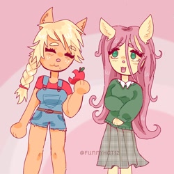Size: 1000x1000 | Tagged: safe, artist:funnyhat12, imported from derpibooru, applejack, fluttershy, anthro, earth pony, pegasus, apple, clothes, cute, duo, eating, food, gradient background, herbivore, overalls, skirt, sweater, talking