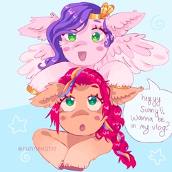 Size: 2000x2000 | Tagged: safe, artist:funnyhat12, imported from derpibooru, pipp petals, sunny starscout, earth pony, pegasus, pony, blushing, duo, female, g5, gradient background, heart, heart eyes, mare, speech bubble, vlog, wingding eyes