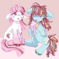 Size: 1000x1000 | Tagged: safe, artist:funnyhat12, imported from derpibooru, oc, oc only, oc:strawberry smoothie (funnyhat12), earth pony, pony, unicorn, drinking, duo, female, gradient background, milkshake